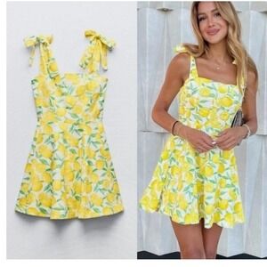 Zara Lemon Print Linen Blend Mini Dress Womens Sz Medium M Yellow Summer BBQ
